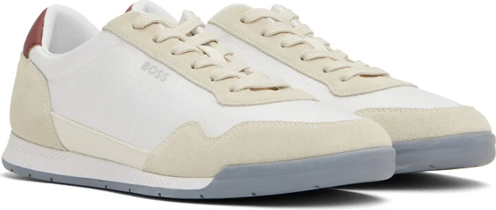 BOSS White & Beige Mixed-Material Lace-Up Sneakers - Image 4