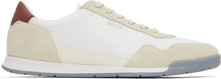 BOSS White & Beige Mixed-Material Lace-Up Sneakers