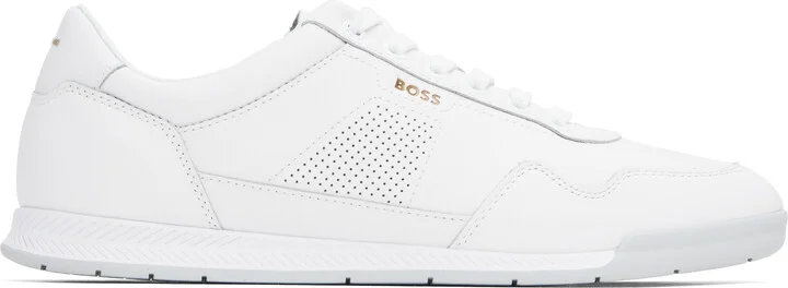 BOSS White Nappa-Leather Perforated Details Sneakers