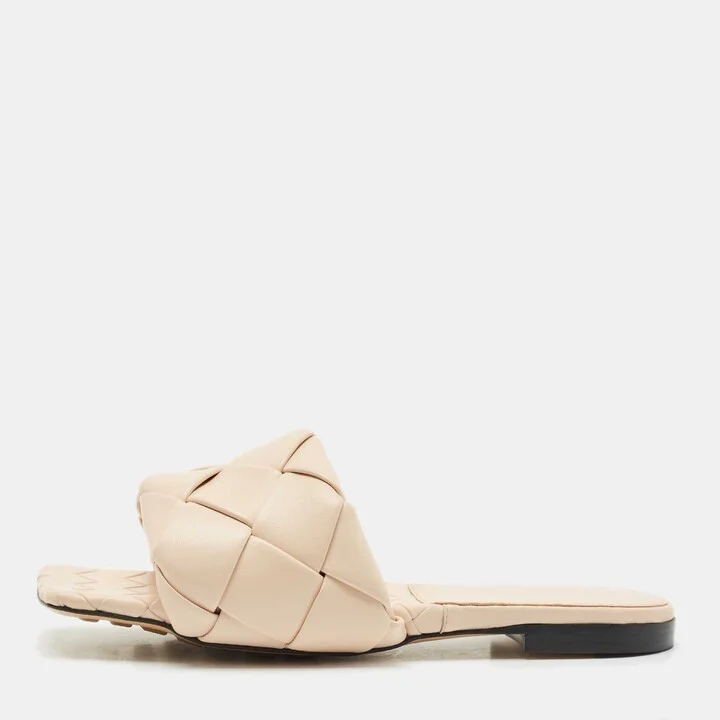 Bottega Veneta Beige Intrecciato Leather Lido Flat Slides Size 38