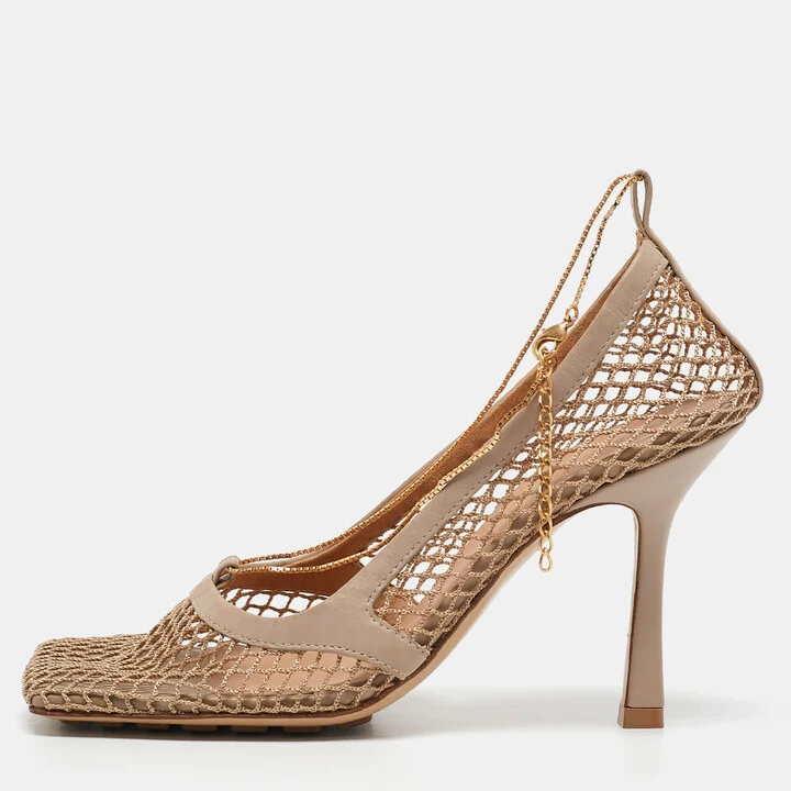 Bottega Veneta Beige Mesh and Leather Chain Stretch Pumps Size 36