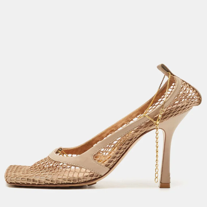 Bottega Veneta Beige Mesh and Leather Chain Stretch Pumps Size 38
