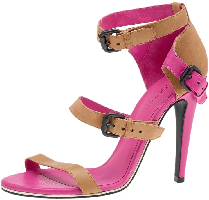 Bottega Veneta Beige/Pink Leather Open Toe Ankle Strap Sandals Size 37.5