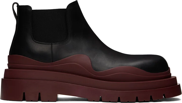 Bottega Veneta Black & Burgundy Tire Chelsea Boots