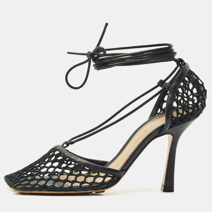 Bottega Veneta Black Crochet Mesh and Leather Stretch Ankle Wrap Pumps Size 36