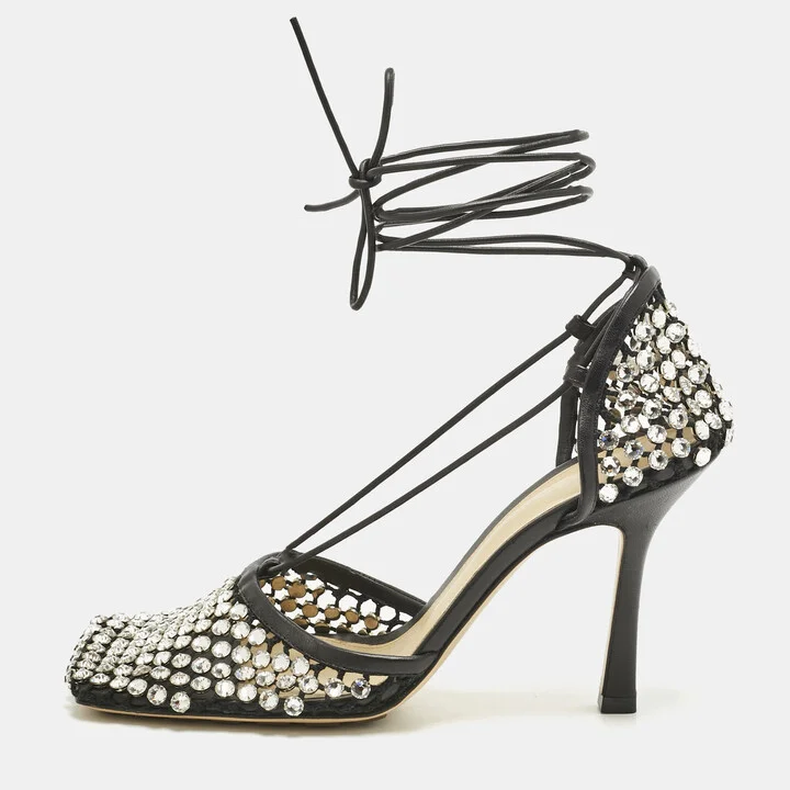 Bottega Veneta Black Crystal Embellished Mesh Sparkle Stretch Sandals Size 39