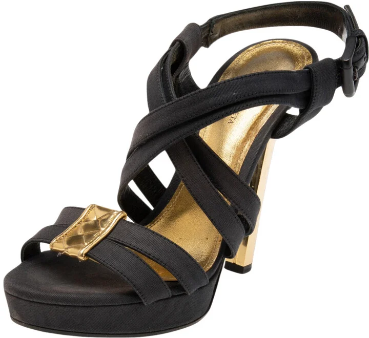 Bottega Veneta Black/Gold Canvas Platform Sandals Size 38.5