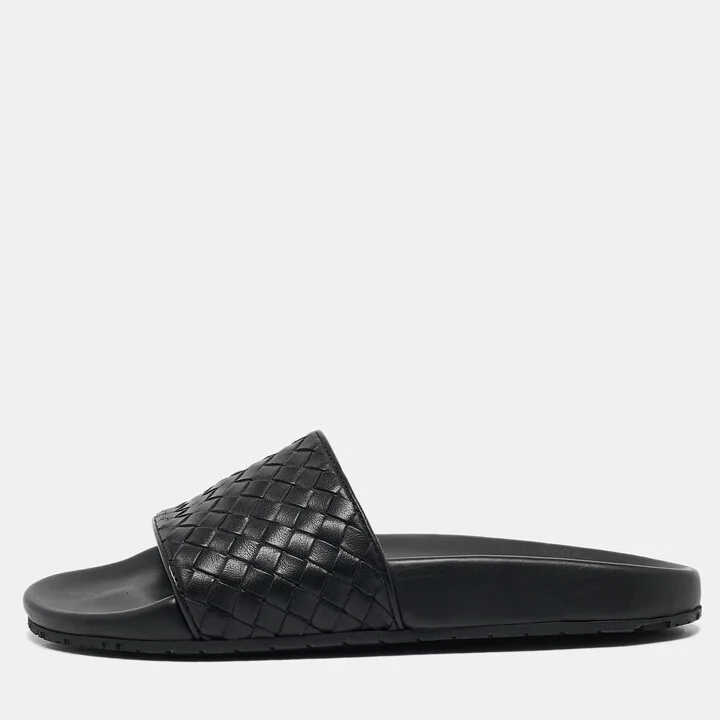 Bottega Veneta Black Intrecciato Leather Flat Slides Size 37
