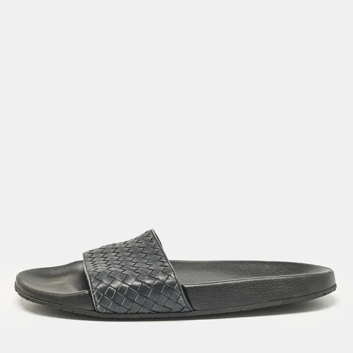 Bottega Veneta Black Intrecciato Leather Lake Slide Sandals Size 46