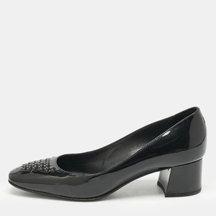 Bottega Veneta Black Intrecciato Patent Leather Block Heel Pumps Size 36.5
