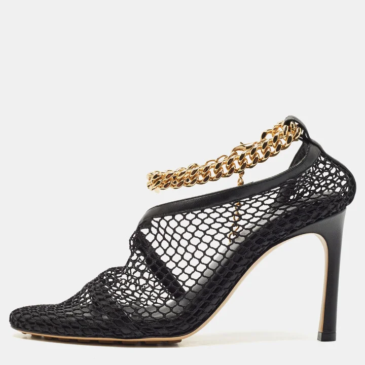Bottega Veneta Black Leather and Mesh Stretch Ankle Strap Pumps Size 35.5