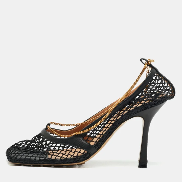 Bottega Veneta Black Leather and Mesh Stretch Ankle Strap Pumps Size 38