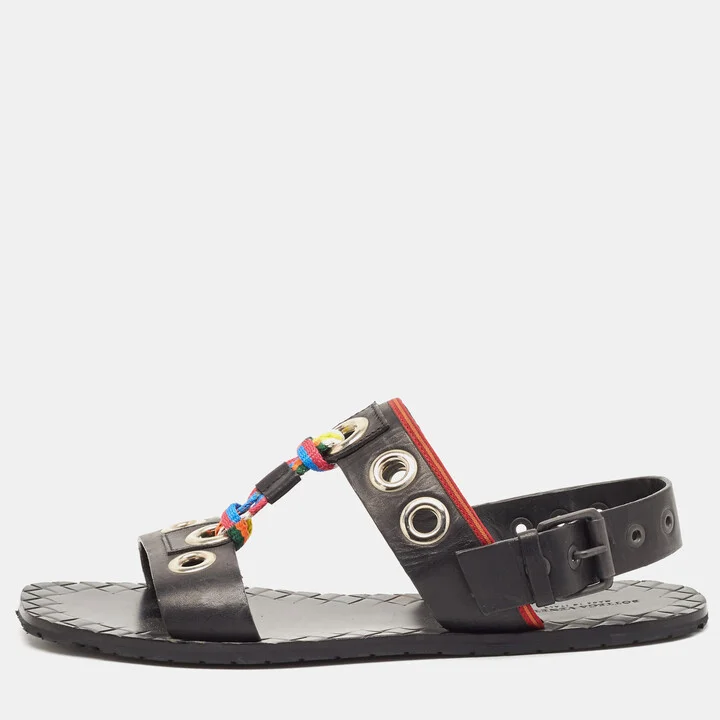Bottega Veneta Black Leather Grommet Slingback Flat Sandals Size 40