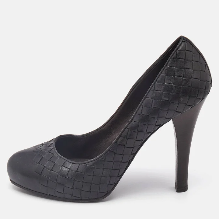Bottega Veneta Black Leather Intrecciato Detail Platform Pumps Size 39.5
