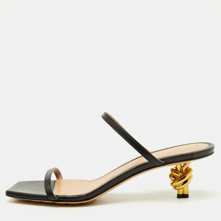 Bottega Veneta Black Leather Knot Detail Heel Slide Sandals Size 40