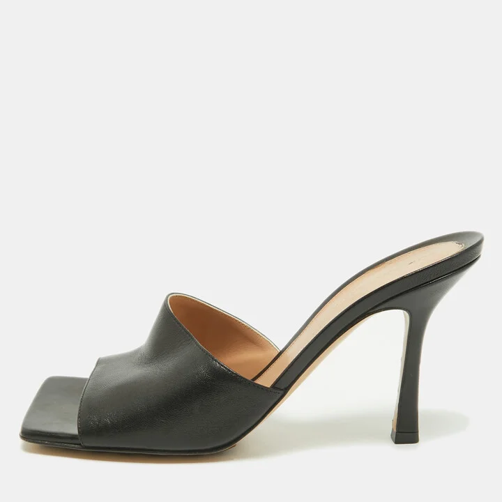 Bottega Veneta Black Leather Stretch Square Toe Slide Sandals Size 39