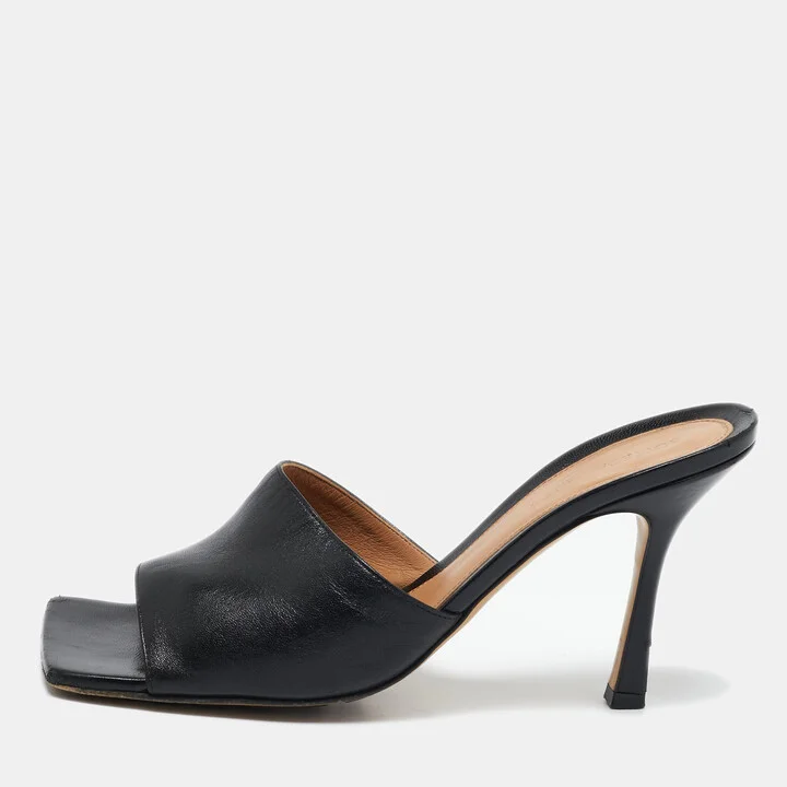 Bottega Veneta Black Leather Stretch Square Toe Slide Sandals Size 40