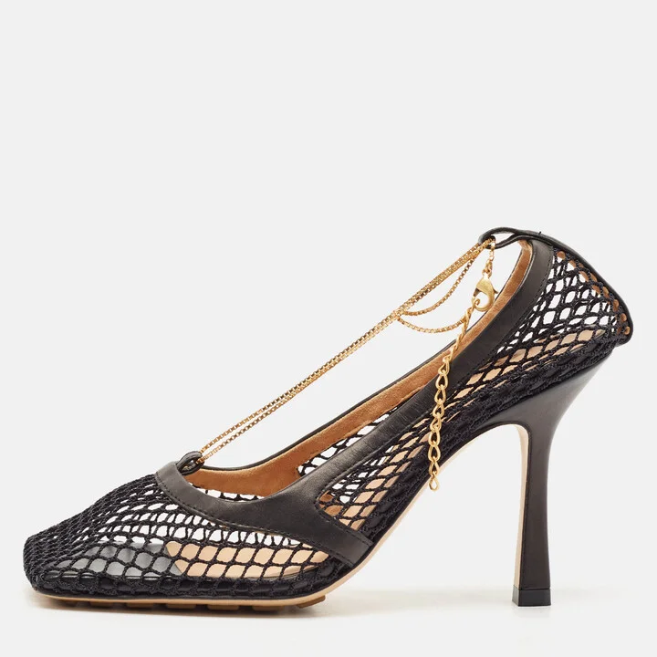 Bottega Veneta Black Mesh and Leather Chain Stretch Pumps Size 35