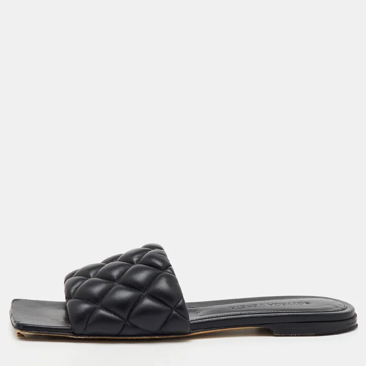 Bottega Veneta Black Quilted Leather Lido Flat Slide Sandals Size 36