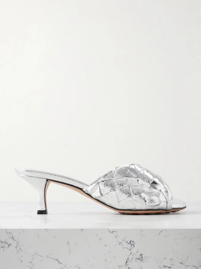 Bottega Veneta - Blink Twisted Intrecciato Metallic Leather Mules - Silver
