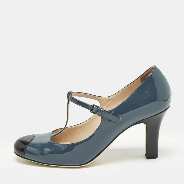 Bottega Veneta Blue/Black Patent Leather Mary Jane Pumps Size 40