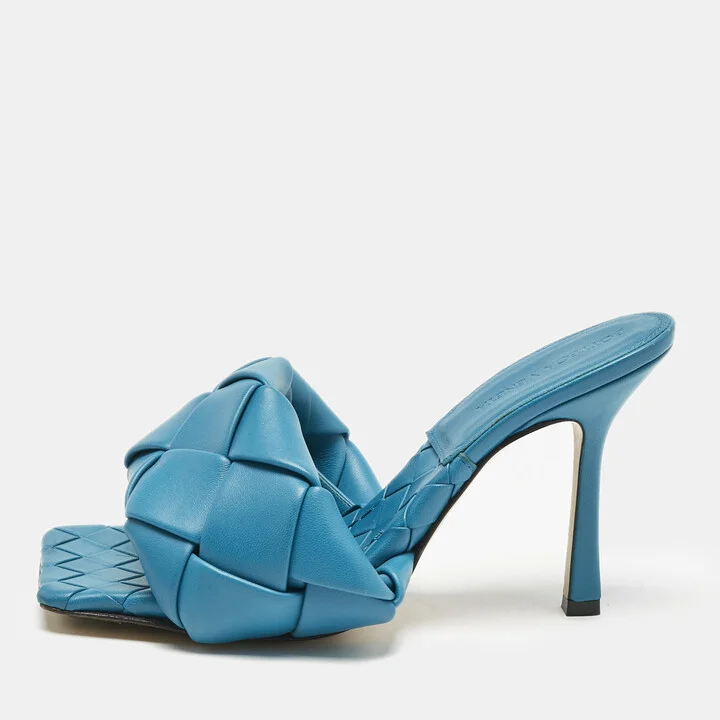 Bottega Veneta Blue Intrecciato Leather Lido Slide Sandals Size 37