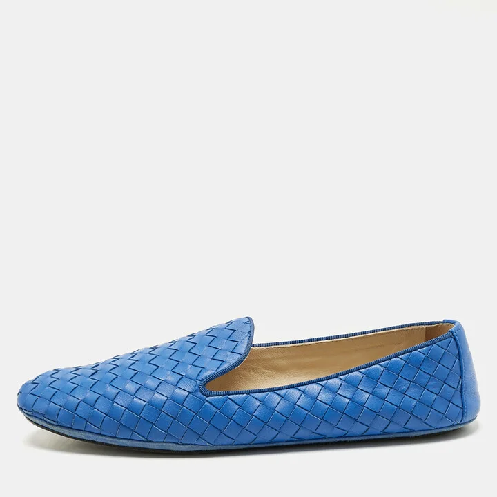 Bottega Veneta Blue Intrecciato Leather Smoking Slippers Size 40