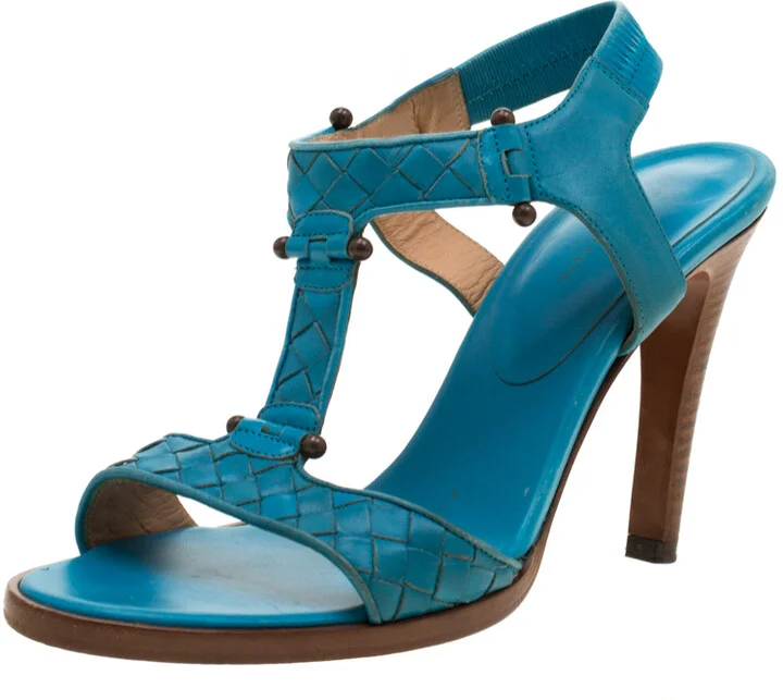 Bottega Veneta Blue Intrecciato Leather T Strap Sandals Size 37