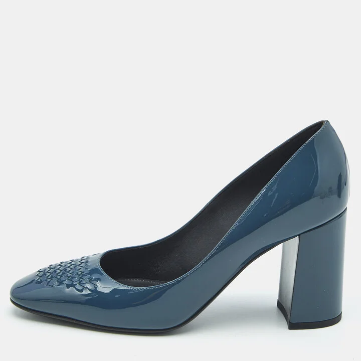 Bottega Veneta Blue Intrecciato Patent Leather Block Heel Pumps Size 36.5