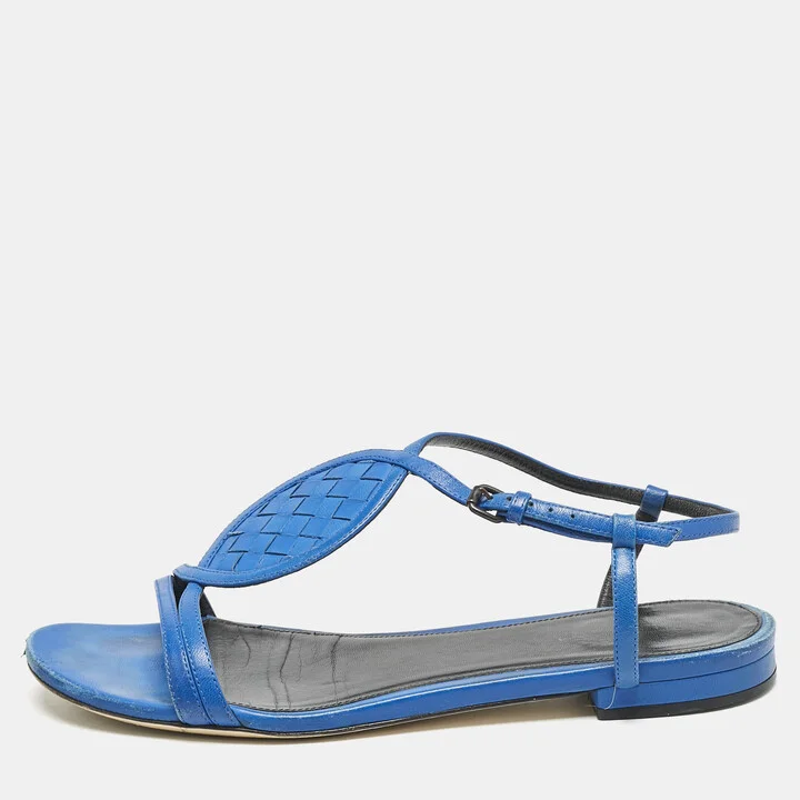 Bottega Veneta Blue Leather Ankle Strap Flat Sandals Size 39