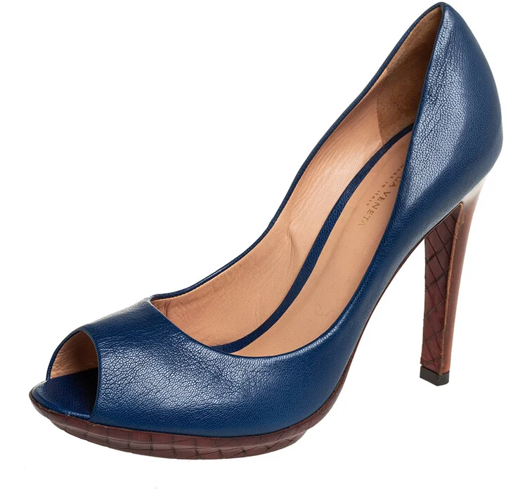 Bottega Veneta Blue Leather Peep Toe Pumps Size 38