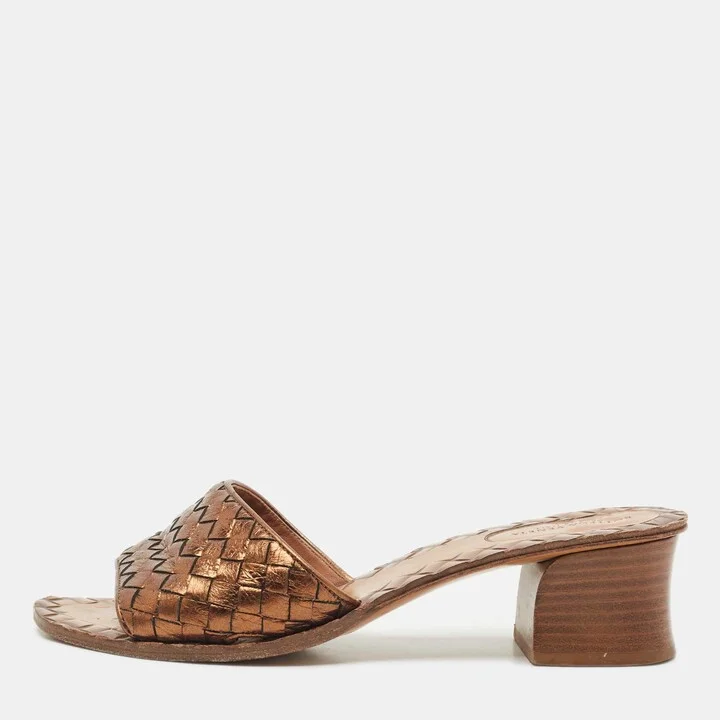 Bottega Veneta Bronze intreciato Leather Slide Sandals Size 38