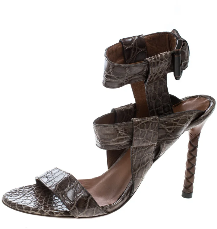 Bottega Veneta Brown Alligator Leather Ankle Strap Sandals Size 37.5