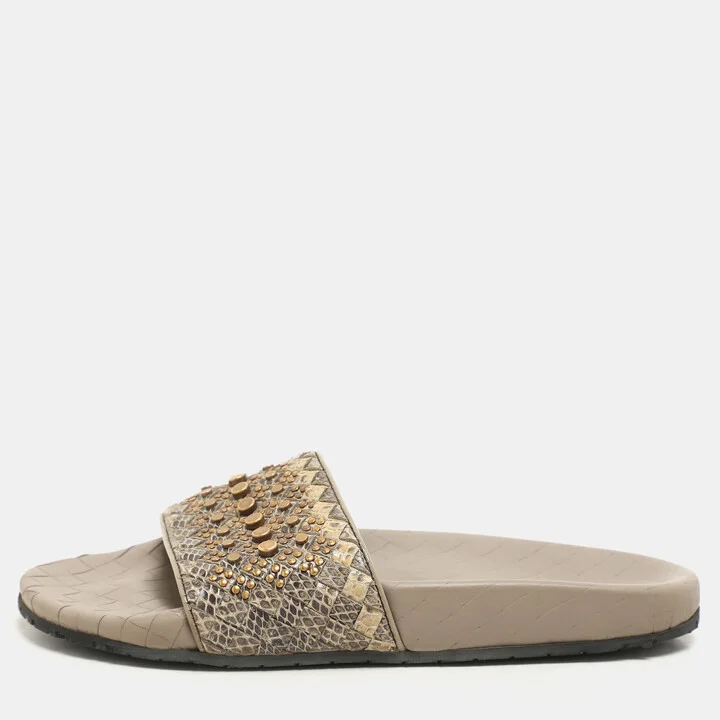 Bottega Veneta Brown/Grey Python Embellished Flat Slides Size 37