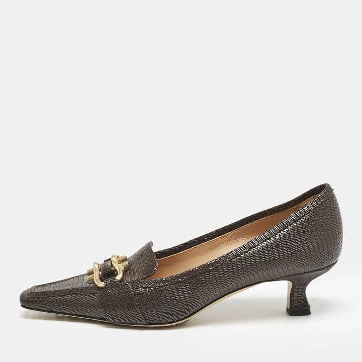 Bottega Veneta Brown Lizard Embossed Leather Madame Pumps Size 40.5