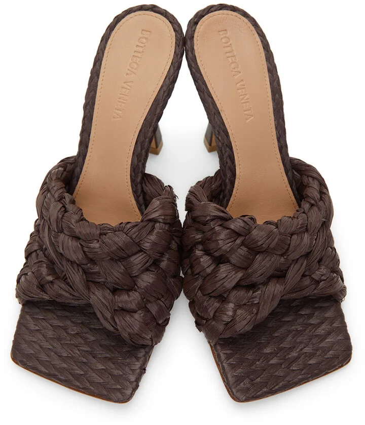 Bottega Veneta Brown Raffia Stretch Heeled Mules - Image 5