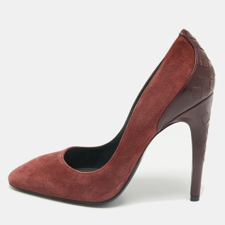 Bottega Veneta Burgundy Intrecciato Leather And Suede Round Toe Pumps Size 37