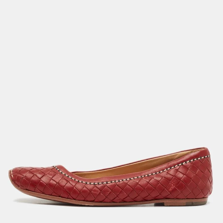 Bottega Veneta Burgundy Intrecciato Leather Ballet Flats Size 35.5