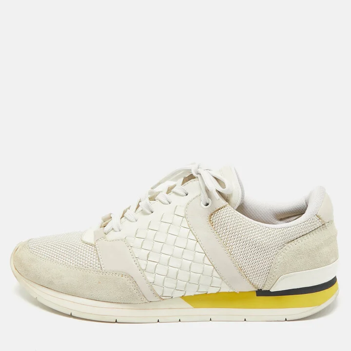 Bottega Veneta Cream/Grey Intrecciato Leather and Suede Lace Up Sneakers Size 42
