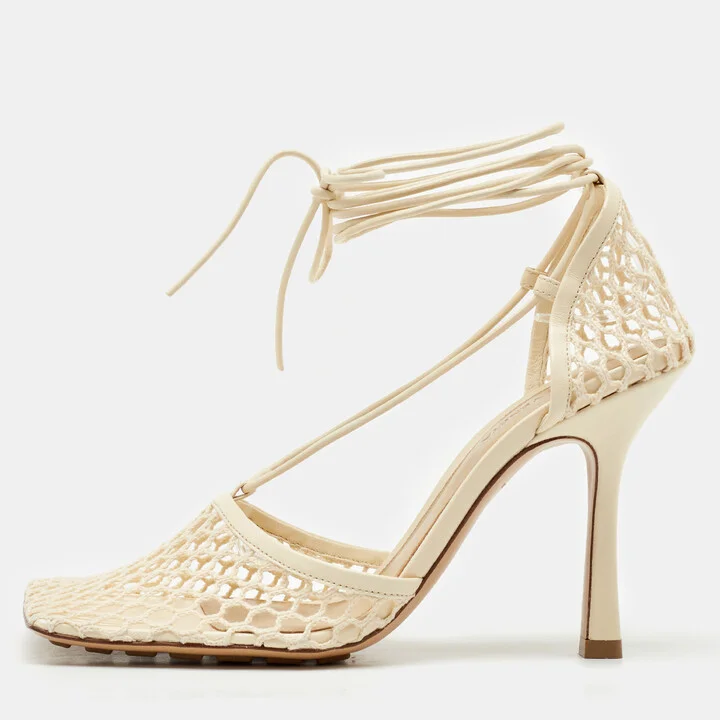 Bottega Veneta Cream Leather and Mesh Stretch Ankle Wrap Sandals Size 38