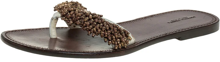 Bottega Veneta Cream Nubuck Leather Embellished Thong Flats Size 39.5