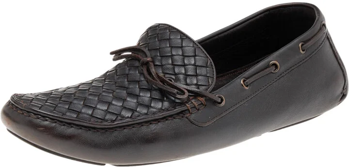 Bottega Veneta Dark Brown Intrecciato Leather Bow Slip On Loafers Size 45