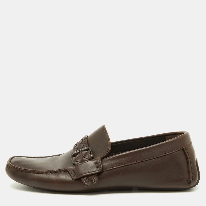 Bottega Veneta Dark Brown Leather Intrecciato Buckle Slip On Loafers Size 42