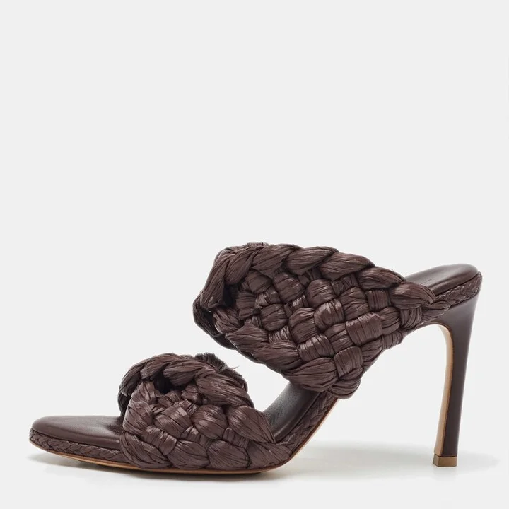 Bottega Veneta Dark Brown Raffia The Curve Slide Sandals Size 38