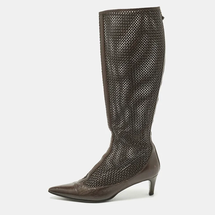 Bottega Veneta Dark Brown Woven Leather Zipped Knee Length Boots Size 39.5