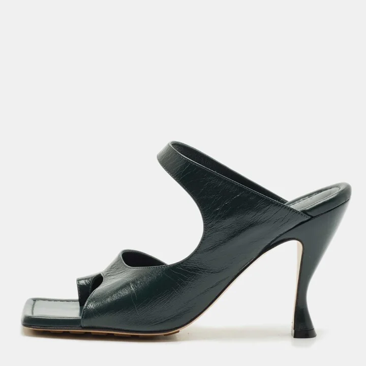 Bottega Veneta Dark Green Leather Square Toe Slide Sandals Size 39