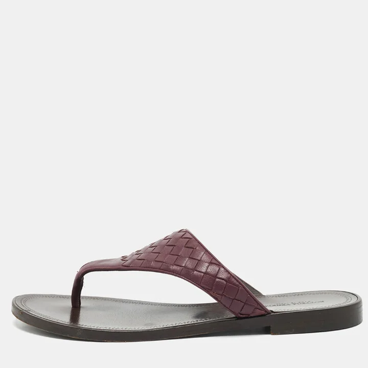Bottega Veneta Dark Purple Intrecciato Leather Flat Thong Sandals Size 40