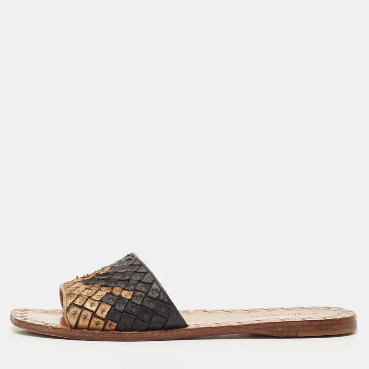 Bottega Veneta Gold/Black Intrecciato Leather Flat Slides Size 35.5