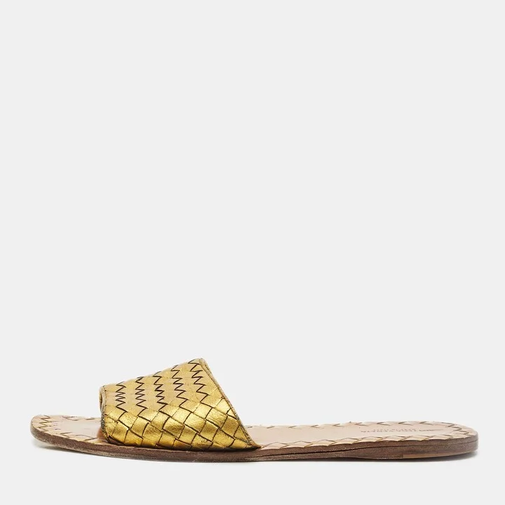 Bottega Veneta Gold Intrecciato Leather Flat Slides Size 41