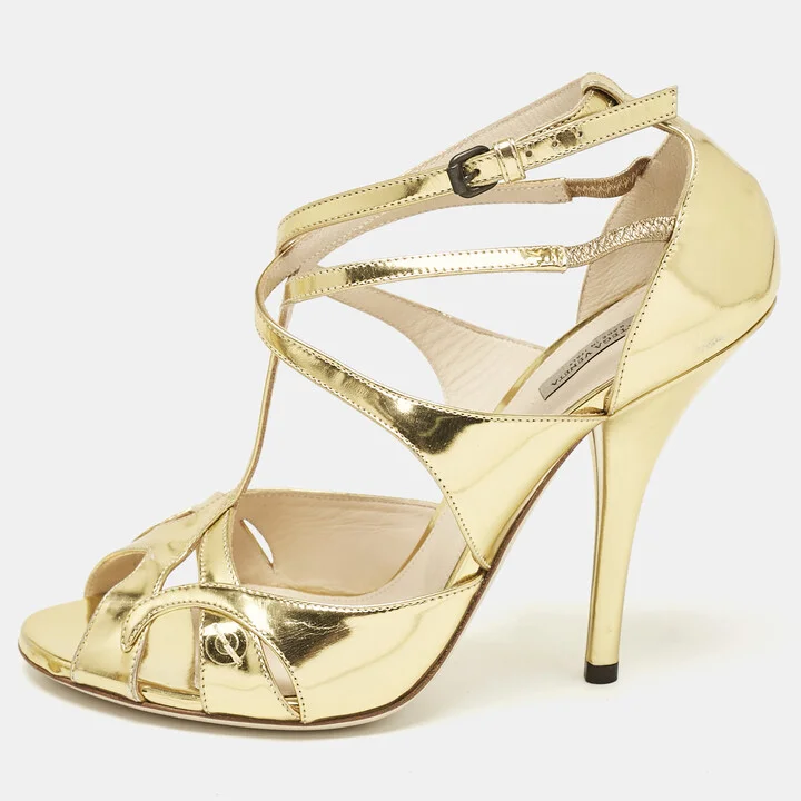 Bottega Veneta Gold Leather Ankle Strap Peep Toe Sandals Size 39